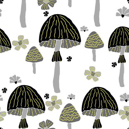 Creative vector seamless pattern with hand drawn mushrooms and flowers on white background. Modern trendy mushroom bloom endless tile in cartoon style. 60s textile design. Boho doodle clipart.のイラスト素材