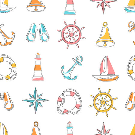 Adorable hand drawn vector seamless pattern with nautical elements on white background. Sea theme modern childish textile design. Cartoon style marine childrens seamless pattern.のイラスト素材