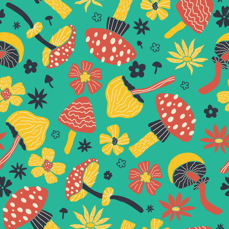Creative vector seamless pattern with hand drawn mushrooms and flowers on emerald background. Modern trendy mushroom bloom endless tile in cartoon style. 60s textile design. Retro doodle clipart.のイラスト素材