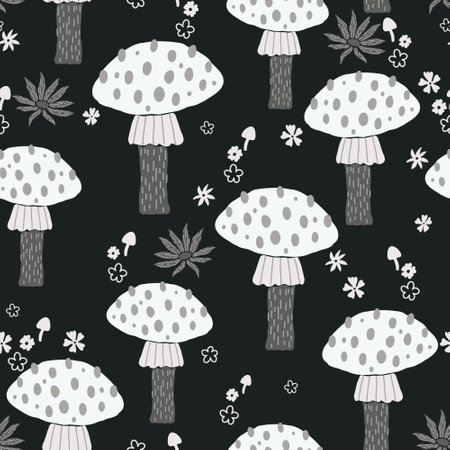 Creative vector seamless pattern with hand drawn mushrooms and flowers on dark grey background. Modern trendy mushroom bloom endless tile in cartoon style. 60s textile design. Boho doodle clipart.のイラスト素材