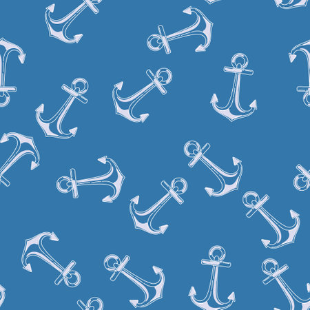 Creative childish nautical vector seamless pattern with anchor on blue background. Sea theme modern childrens fabric design. Hand drawn anchors in cartoon style.のイラスト素材