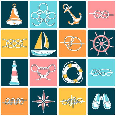 Chequered nautical childish vector seamless pattern. Creative sea theme childrens fabric design with elements on chessboard. Marine checkerboard modern tile design in cartoon style.のイラスト素材