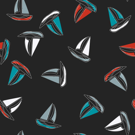 Creative childish nautical vector seamless pattern with yacht on black background. Sea sail boat modern fabric design. Hand drawn ships in cartoon style.のイラスト素材