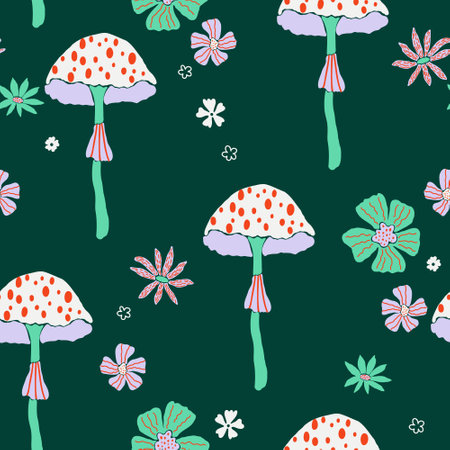 Creative vector seamless pattern with hand drawn mushrooms and flowers on green background. Modern trendy mushroom bloom endless tile in cartoon style. 60s textile design. Boho doodle clipart.のイラスト素材