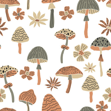 Creative vector seamless pattern with hand drawn mushrooms and flowers on white background. Modern trendy mushroom bloom endless tile in cartoon style. 60s textile design. Boho doodle clipart.のイラスト素材