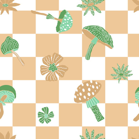 Creative vector seamless pattern with hand drawn mushrooms and flowers on chequered background. Modern trendy mushroom bloom endless tile in cartoon style. 60s textile design. Boho doodle clipart.のイラスト素材