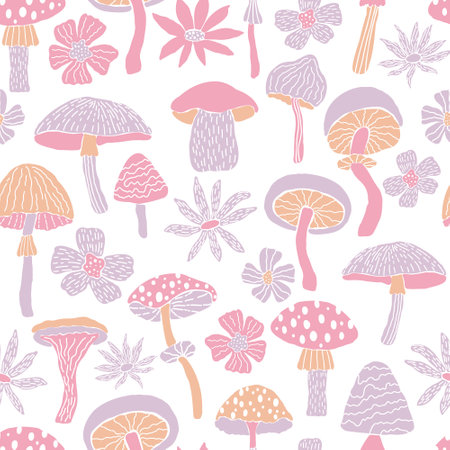 Creative vector seamless pattern with hand drawn mushrooms and flowers on white background. Modern trendy mushroom bloom endless tile in cartoon style. 60s textile design. Boho doodle clipart.のイラスト素材