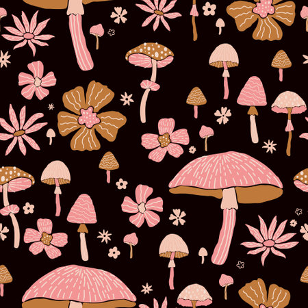 Creative vector seamless pattern with hand drawn mushrooms and flowers on black background. Modern trendy mushroom bloom endless tile in cartoon style. 60s textile design. Boho doodle clipart.のイラスト素材
