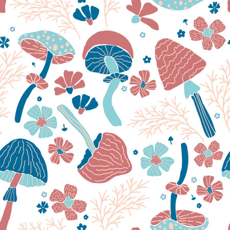 Creative vector seamless pattern with hand drawn mushrooms and flowers on white background. Modern trendy mushroom bloom endless tile in cartoon style. 60s textile design. Boho doodle clipart.のイラスト素材