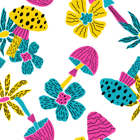 Creative vector seamless pattern with hand drawn mushrooms and flowers on white background. Modern trendy mushroom bloom endless tile in cartoon style. 60s textile design. Boho doodle clipart.のイラスト素材