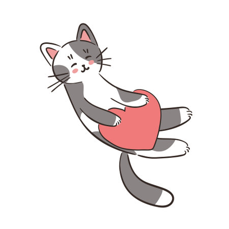 Adorable cartoon cat with pink heart. Hand drawn vector illustration for Valentines Day greeting card. Cat love human. Pet care concept.のイラスト素材