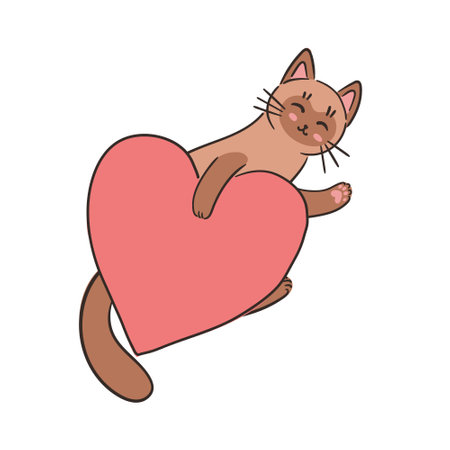 Adorable cartoon cat with pink heart. Hand drawn vector illustration for Valentines Day greeting card. Cat love human. Pet care concept.のイラスト素材