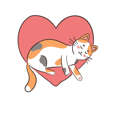 Adorable cartoon cat with pink heart. Hand drawn vector illustration for Valentines Day greeting card. Cat love human. Pet care concept.のイラスト素材