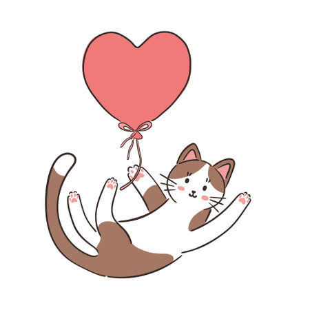 Adorable cartoon cat with pink heart. Hand drawn vector illustration for Valentines Day greeting card. Cat love human. Pet care concept.のイラスト素材