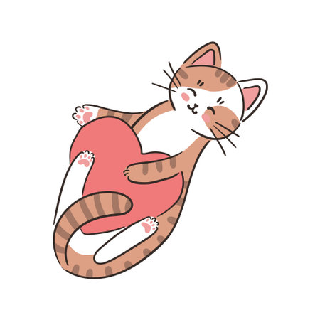 Adorable cartoon cat with pink heart. Hand drawn vector illustration for Valentines Day greeting card. Cat love human. Pet care concept.のイラスト素材