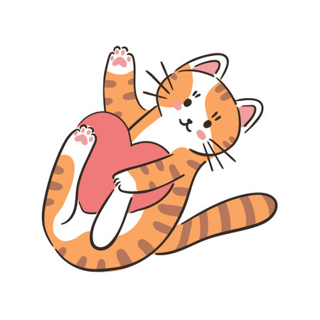 Adorable cartoon cat with pink heart. Hand drawn vector illustration for Valentines Day greeting card. Cat love human. Pet care concept.のイラスト素材