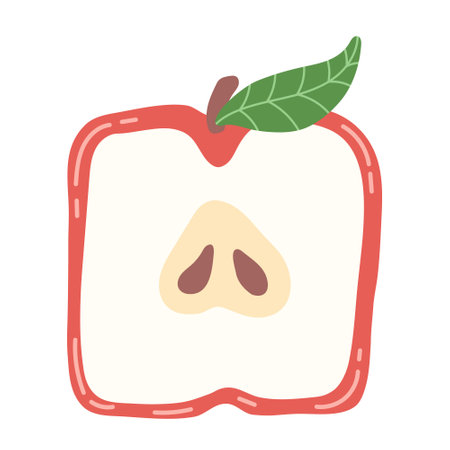 Artistic hand drawn vector illustration of square apple with leaf. Stylized drawing of cut apple. Decorative original artwork for your design. Juicy fruit illustration for t-shirt, souvenir printingのイラスト素材