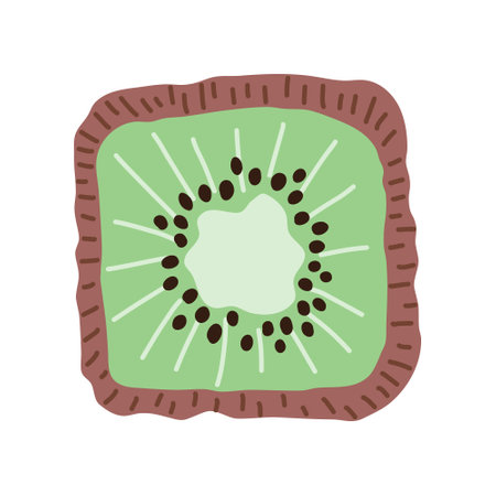 Artistic hand drawn half of kiwi vector illustration. Slice of exotic sweet fetus drawn in square shape. Cut of a juicy ripe kiwi fruit with pulp and seeds. Isolated on white background creative art.のイラスト素材