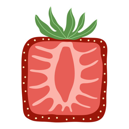 Artistic hand drawn illustration of square strawberry with leaves. Vector drawing of half of sweet berry with juicy pulp isolated on white background. Drawing of summer vegan dessert for your printingのイラスト素材