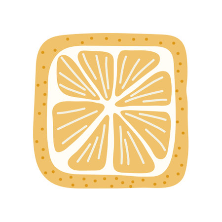 Artistic hand drawn illustration of square lemon. Vector drawing of citrus fruit slice with raw juicy pulp isolated on white background. Drawing of summer vitamin dessert for your printing.のイラスト素材