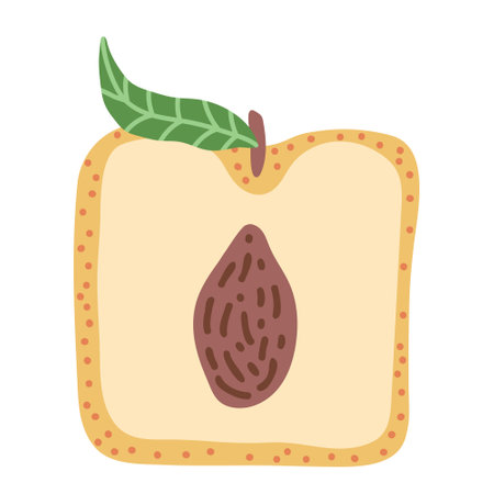 Artistic hand drawn illustration of square peach with leaf. Vector drawing of half of sweet fruit with seed and pulp isolated on white background. Drawing of summer vegan dessert for your printing.のイラスト素材
