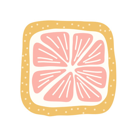 Artistic hand drawn illustration of square grapefruit. Vector drawing of citrus fruit slice with raw juicy pulp isolated on white background. Drawing of summer vitamin dessert for your printing.のイラスト素材