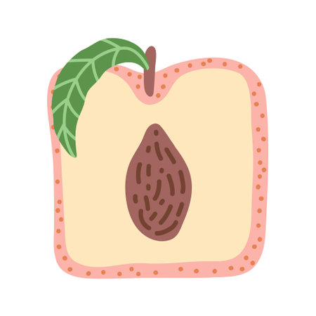 Artistic hand drawn illustration of square peach with leaf. Vector drawing of half of sweet fruit with seed and pulp isolated on white background. Drawing of summer vegan dessert for your printing.のイラスト素材