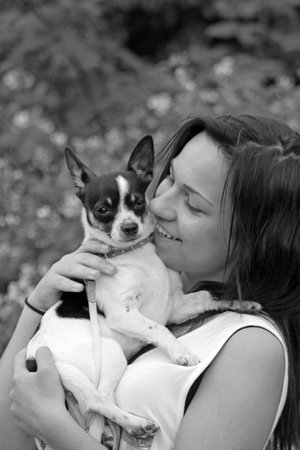 teenage girl with dogの写真素材