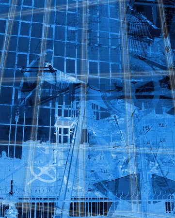 Computer designed grunge textured collage - Oil pump and big modern company buildingの写真素材