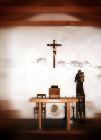 Interior of small old chapel - soft focus photoのeditorial素材