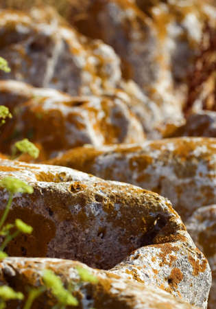 Interesting shapes of rocks covered with dry moss の写真素材