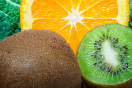 Fresh fruits close up photo , kiwi and orangeの写真素材