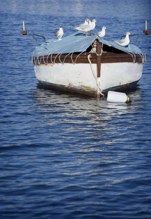 Small wooden fishing boat anchored in the bayの写真素材