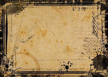 Computer designed highly detailed  border and aged textured  paper background with space for your text or image. Nice grunge layer for your projects.の写真素材