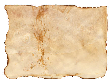 Highly detailed textured antique paper with burned edges studio isolated on white . Great grunge background for your projects. More images like this in my portfolioの写真素材