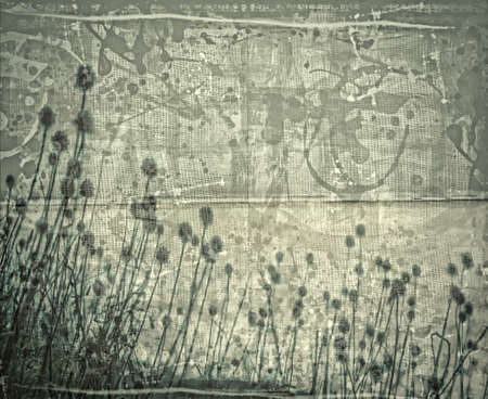 Computer designed highly detailed grunge abstract textured flowers collage with space for your textの写真素材