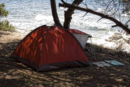 Red tent in the forrest near the beachの写真素材