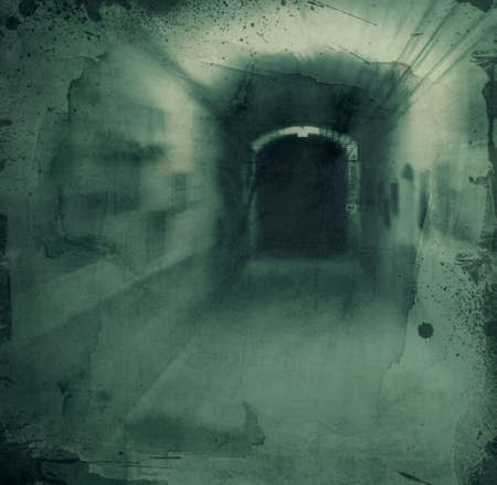 Grunge textured retro collage - Dark scarry hallwayの写真素材