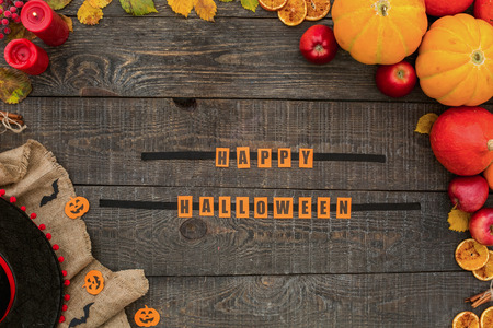 Halloween celebration holiday wooden table top viewの写真素材