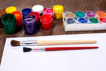 School education objects isolated on wooden tableの写真素材