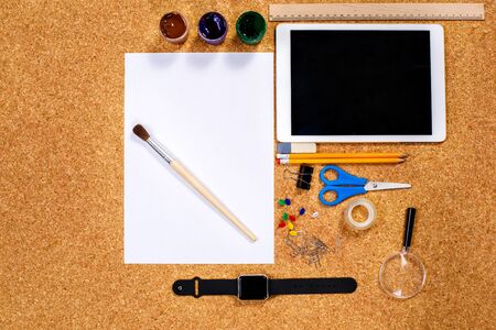 School education objects isolated on cardboard surfaceの写真素材