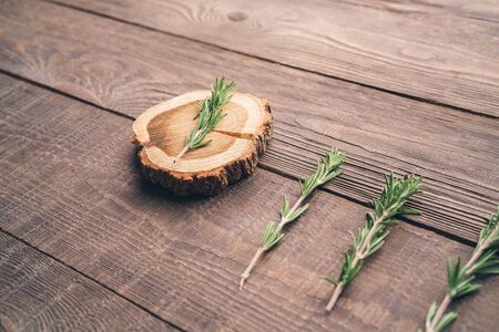Minimalism. On the wooden table there is an edge of a tree and a green branch