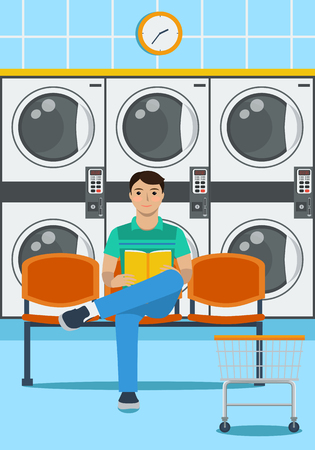 A man sits on a plastic seat, reading a book and waiting for the end of washing clothes in launderetteのイラスト素材