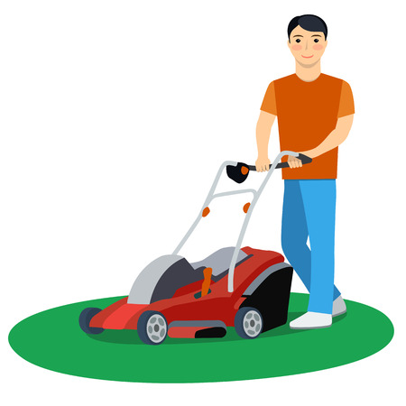 Modern character - young attractive man cutting grass with lawn mower, friendly smiling. Lawnmower - stock vector illustration in flat design.のイラスト素材