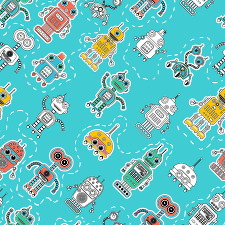Colorful cartoon robots seamless background. Vector seamless pattern. Amazing artistic wallpaper. Wrapping paper, textile, web page background.のイラスト素材