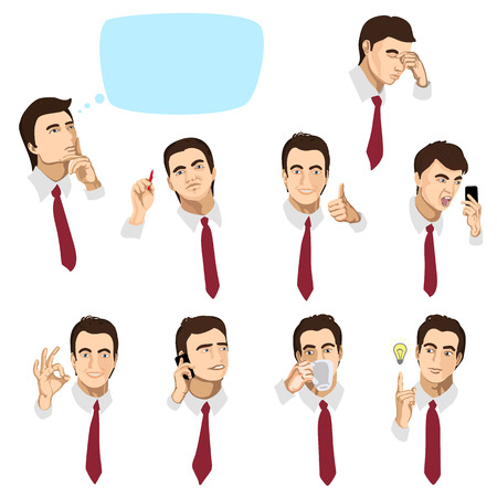 Set of portraits of a businessman with different emotions and actionsのイラスト素材