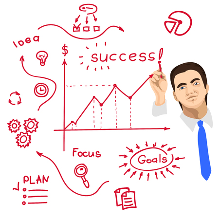 Businessman writing on whiteboard with red markerのイラスト素材