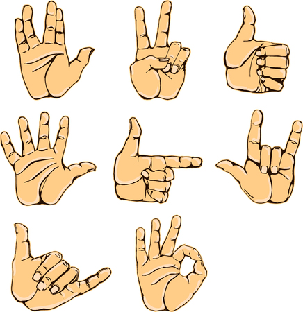 Hand gestures and sign language icon set. Isolated colorful illustration of vector human hands. Colorful hands vector collection-accuracy sketching of hand gestures - contour version at my galleryのイラスト素材
