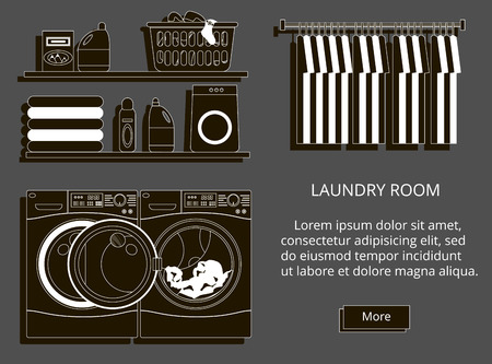 Laundry room with washing machine, facilities for washing, washing powder. Modern style vector illustration.のイラスト素材