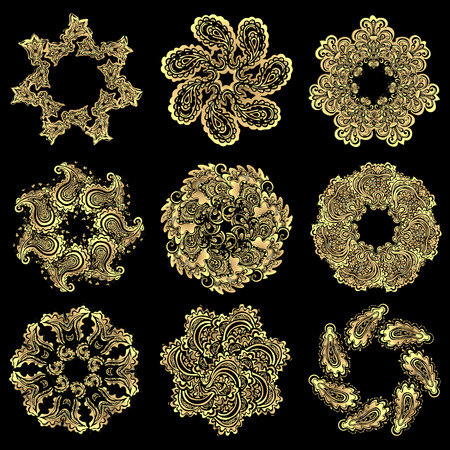 Vector set of gold round patterns, mandalas. Yoga geometric circle element. Decorative floral ornaments. Oriental flourish designのイラスト素材